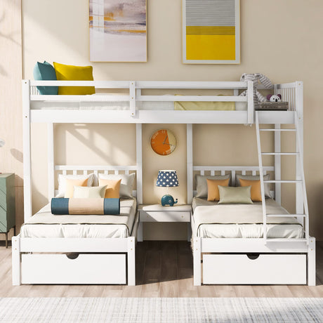 Merax Full Over Twin & Twin Bunk Bed for 3, Wooden Triple Bunk Bed with 2 Storage Drawers, Ladder and Guardrails, No Box Spring Needed, White Merax