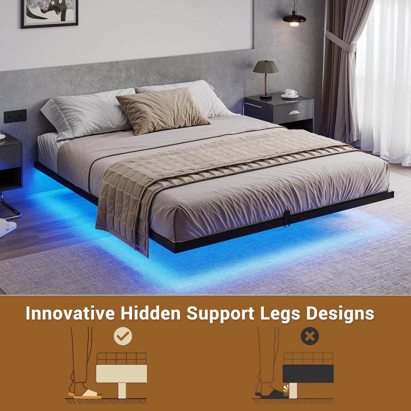 Hasuit Modern Floating Metal Queen Bed Frame with LED Lights - No Box Spring Required - WoodArtSupply