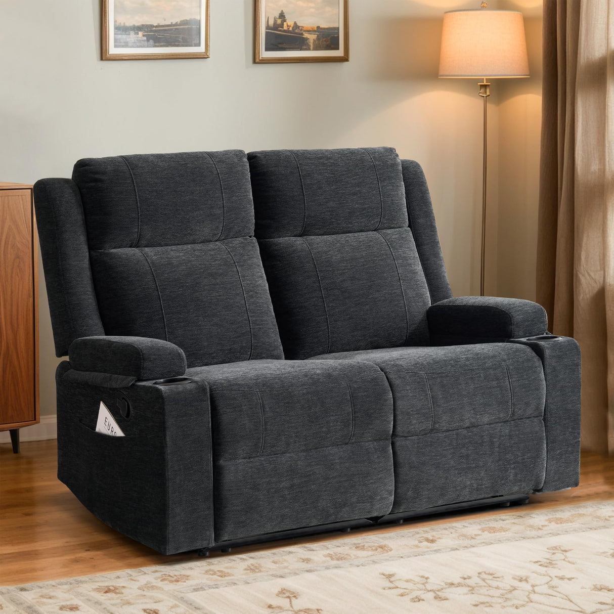 LURVIA 55" RV Loveseat Recliner – Space-Saving Double Reclining RV Sofa, Compact Theater Seating with Cup Holders & Storage Pocket, Black Chenille Couch for Camper, Motorhome & Home Theater LURVIA