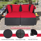 RELAX4LIFE Patio Outdoor Daybed with Canopy, Wicker Sunbed w/Cushions, 4 Pillows & 2 Retractable Side Trays, 2-Person Lounge Bed Conversation for Poolside Porch Garden, Rattan Outdoor Bed (Red) RELAX4LIFE