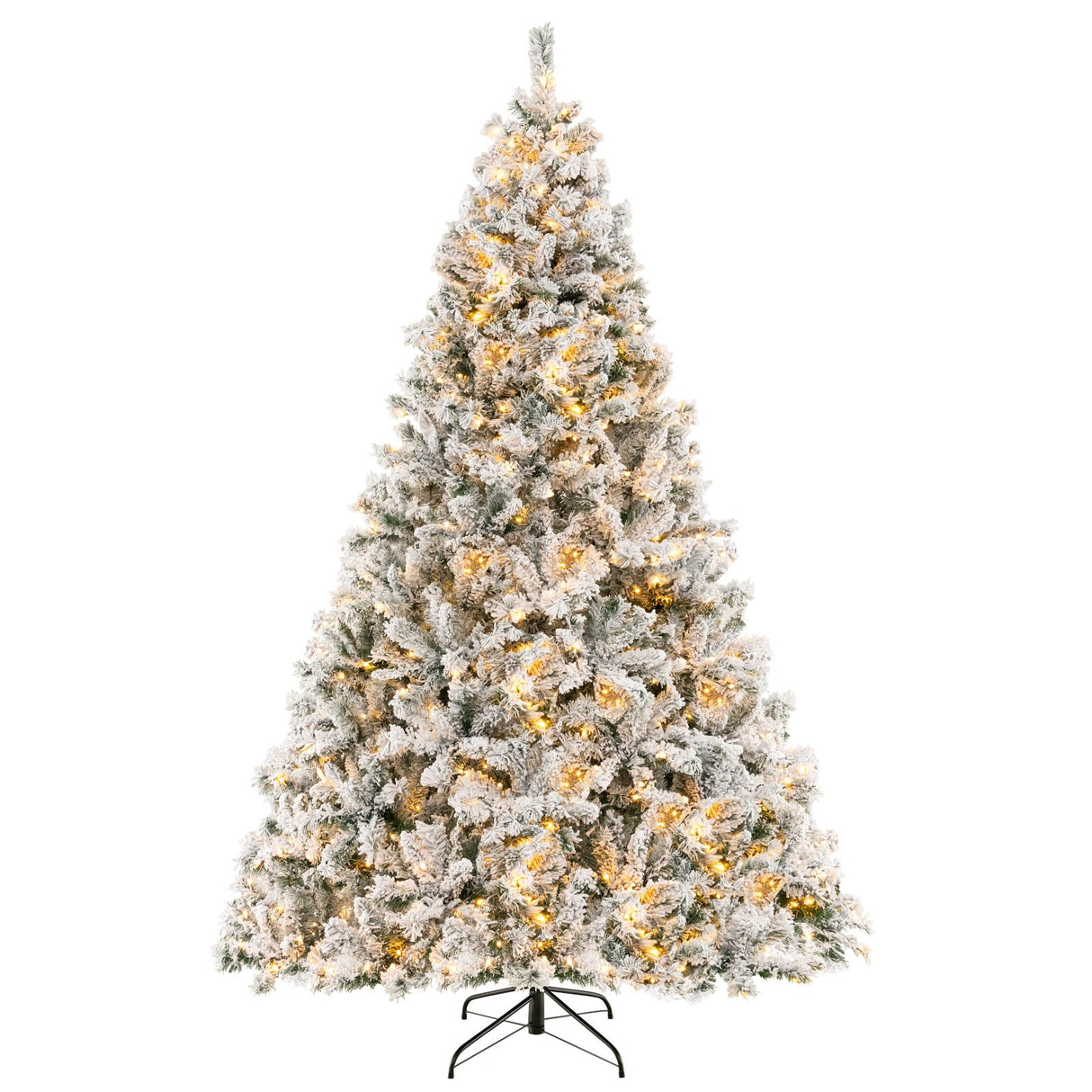 Goplus 3-Minute-Setup Pre-Lit Snow Flocked Christmas Tree, 8ft Artificial Hinged Xmas Tree with 600 Warm-White LED Lights, 1370 Branch Tips, Upgraded Metal Stand, for Office Home Holiday Decor Goplus