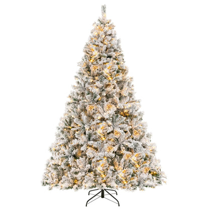 Goplus 3-Minute-Setup Pre-Lit Snow Flocked Christmas Tree, 8ft Artificial Hinged Xmas Tree with 600 Warm-White LED Lights, 1370 Branch Tips, Upgraded Metal Stand, for Office Home Holiday Decor