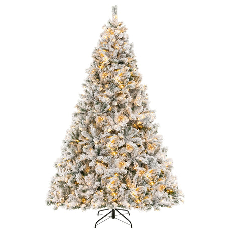 Goplus 3-Minute-Setup Pre-Lit Snow Flocked Christmas Tree, 8ft Artificial Hinged Xmas Tree with 600 Warm-White LED Lights, 1370 Branch Tips, Upgraded Metal Stand, for Office Home Holiday Decor Goplus