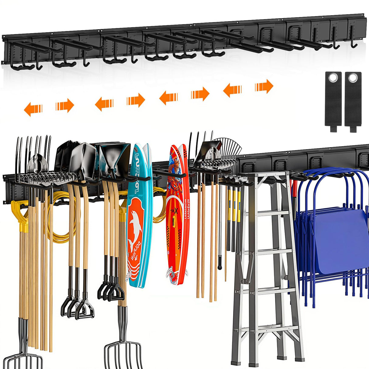 Housolution Heavy Duty Garden Tool Organizer 64 Inch - 18Pack Carries 570 lbs, Garage Tool Organizer Storage System, 4 Rails with 12 Adjustable Hooks, Tool Holder Wall Mount for Warehouse, Workshop Housolution