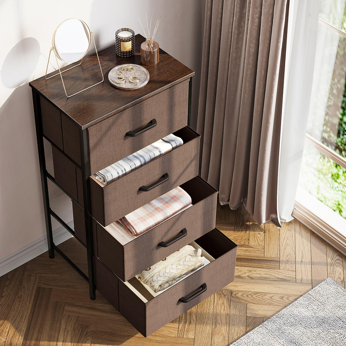 ODK Dresser for Bedroom with 4 Storage Drawers, Small Dresser Chest of Drawers Fabric Dresser with Sturdy Steel Frame, Dresser for Closet with Wood Top, Brown ODK