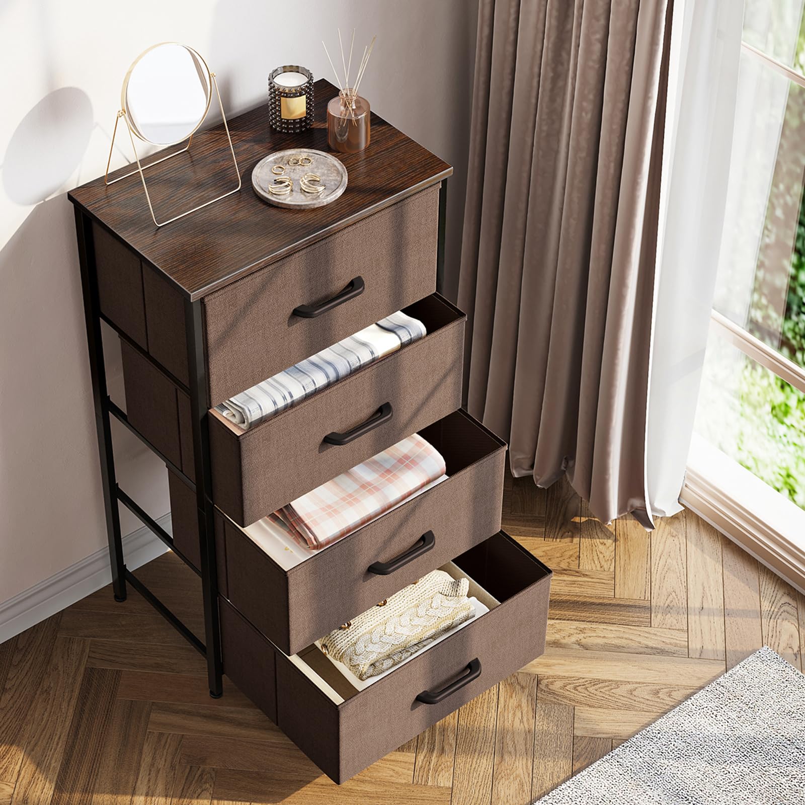 ODK Dresser for Bedroom with 4 Storage Drawers, Small Dresser Chest of Drawers Fabric Dresser with Sturdy Steel Frame, Dresser for Closet with Wood Top, Brown - WoodArtSupply