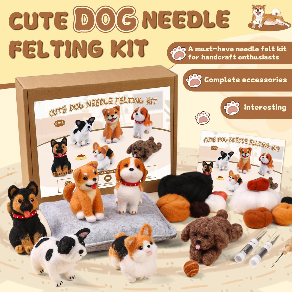 Mayboos 6 PCS Needle Felting Kit, Animal Needle Felting Beginner Kits Wool Felt Needle Felting Tools with Instruction for DIY Craft Animal Home Decoration (Cute Dog) Mayboos