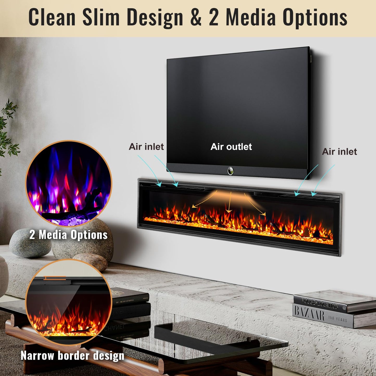 TUAN 60 inch Electric Fireplace Inserts, Ultra Thin Wall Mounted Fireplace with Remote Control, Multicolor Realistic Flame, Touch Screen, Thermostat, Timer, 750w/1500w (Log & Crystal Included) (60")