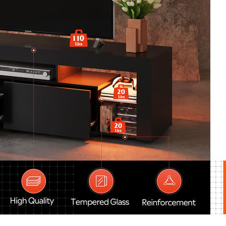 WLIVE 63 Inch TV Stand, LED Entertainment Center for 60 to 70 Inch TV, Modern TV Console with 2 Drawers, TV Stands for Living Room, Black WLIVE