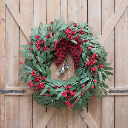 Bibelot Christmas Olive Wreath for Front Door Christmas Red Berry Wreath, Winter Bowknot Leaves Wreath with Red Berry and Jingle Bell Farmhouse Front Door Wreath