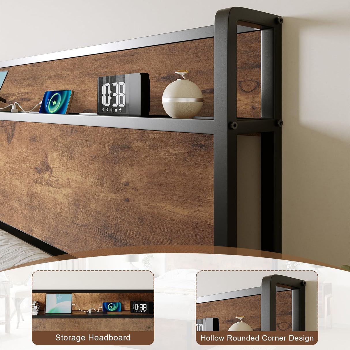 AMERLIFE King Size Lift-Up Storage Bed Frame with Charging Station in Rustic Brown AMERLIFE