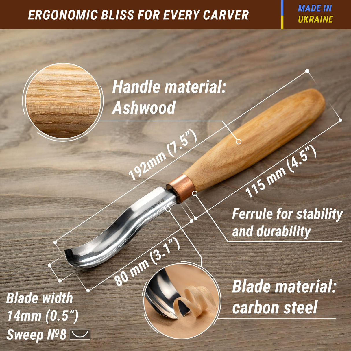 BeaverCraft, Wood Carving Bent Gouge K8a/14 0.55" - Spoon Carving Tools - Woodworking Hand Chisel Compact Wood Carving Knife for Beginners and Profi - Hobbies for Adults and Kids - Carbon Steel Blade BeaverCraft