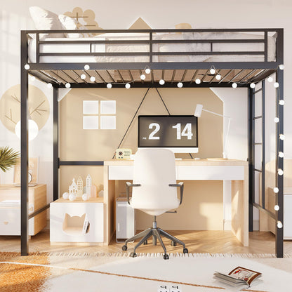 SUNLEI Twin Loft Bed with Removable Ladder, Black Metal Frame and Safety Guard for Small Spaces - WoodArtSupply