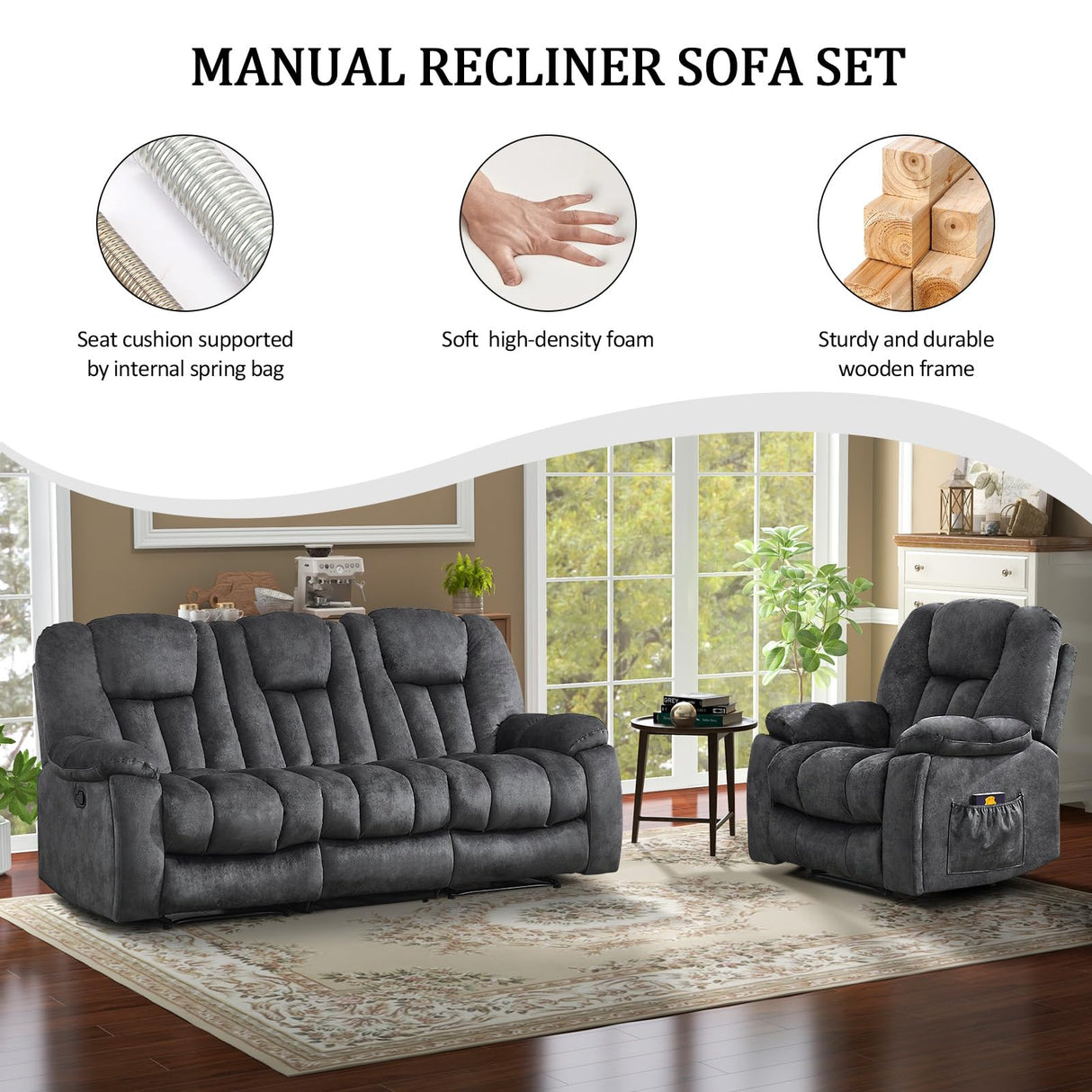 CANMOV Manual Recliner Loveseat, 2 Seat Recliner Sofa Chair with Overstuffed Armrest and Backrest, Soft Fabric Reclining Loveseat Living Room Set with Hidden Cup Holders for Adults Elderly,Grey CANMOV