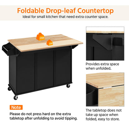 Yaheetech Black Kitchen Island Cart with Drop-Leaf Countertop, Storage Cabinet, and 3 Drawers on Wheels - WoodArtSupply