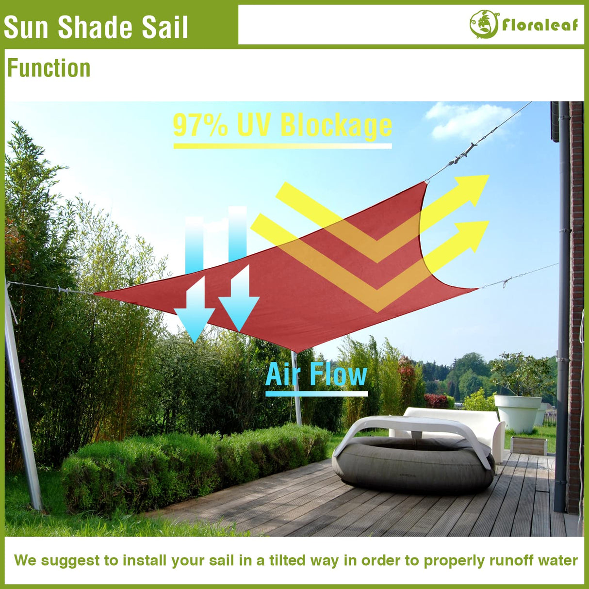FLORALEAF Sun Shade Sail 15' X 22' Rectangular Waterproof Sun Sail UV Block Canopy for Outdoor Patio Lawn Garden Backyard, Red FLORALEAF