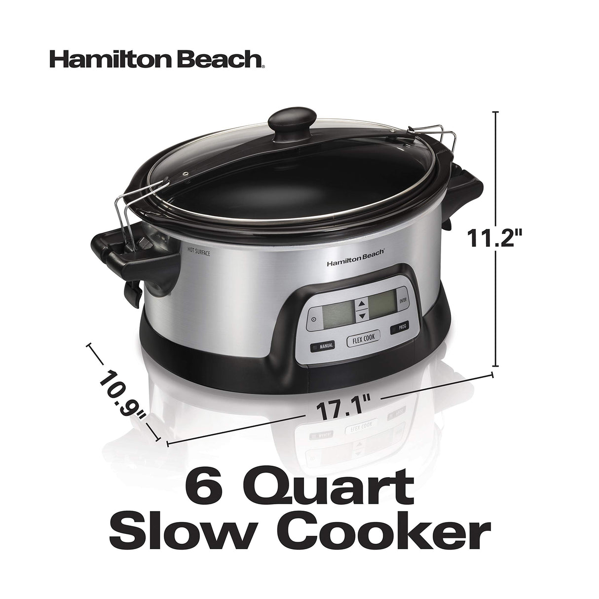 Hamilton Beach 33861 Portable Programmable Slow Cooker, Dishwasher Safe Crock, 6 Qt, FlexCook Dual Digital Timer/2 Heat Settings, Lid Lock for Easy Travel, Silver Hamilton Beach