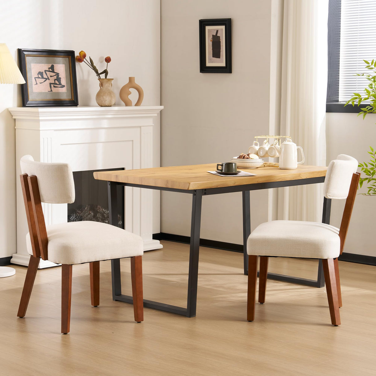 MOJAY Mid Century Modern Dining Chairs Set of 2, Upholstered Linen Fabric Farmhouse Side Chairs with Curved Backrest for Kitchen, Dining Room, Restaurant, or Patio, Off-White MOJAY