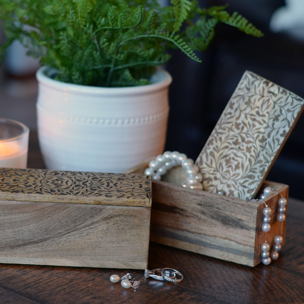 WHW Whole House Worlds Decorative Wood Boxes, Set of 2, CarvedLeaf and Vine Details, Removable Lids, Durable Brown Mango, 6 Inches WHW Whole House Worlds