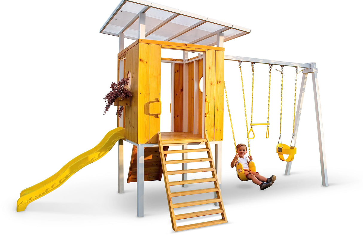 Avenlur Modern Outdoor Backyard Swing Set Children's Rock Climbing Wood Playground Playset 2 Belt Swings, Clubhouse Fort, Windows, Ladder, Wavy Slide Toddlers, Kids Climbers Play Adventure Rock 3-11yr Avenlur