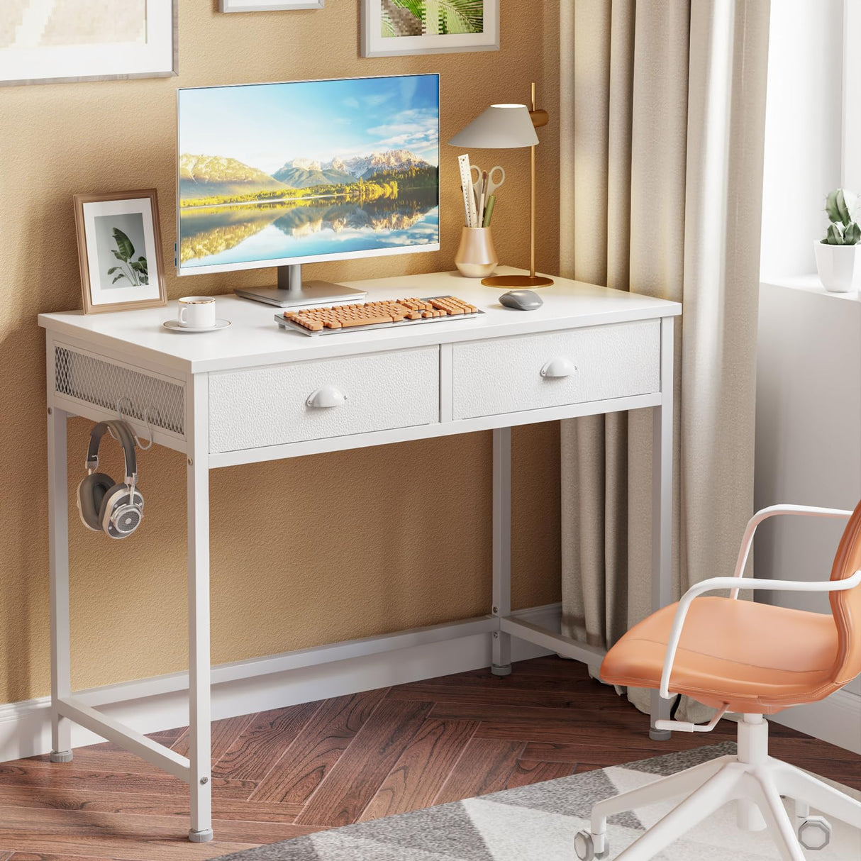 Furologee White Small Computer Desk with 2 Fabric Drawers, 36 Inch Simple Home Office Writing Desk, Vanity Desk with Hooks, Study Desk for Bedroom Small Spaces Furologee