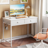 Furologee White Small Computer Desk with 2 Fabric Drawers, 36 Inch Simple Home Office Writing Desk, Vanity Desk with Hooks, Study Desk for Bedroom Small Spaces Furologee