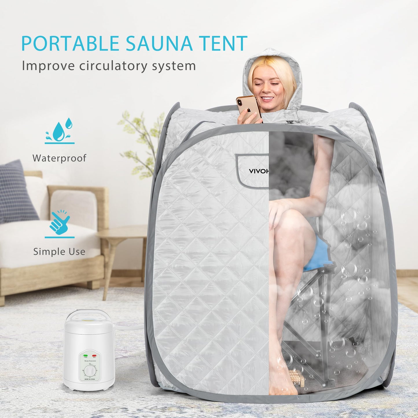 VIVOHOME Portable Personal Steam Sauna Spa with 1.8L 800 Watt Steam Generator, Foldable Chair, Home Sauna Spa Tent for Detox Relaxation, Silver Gray