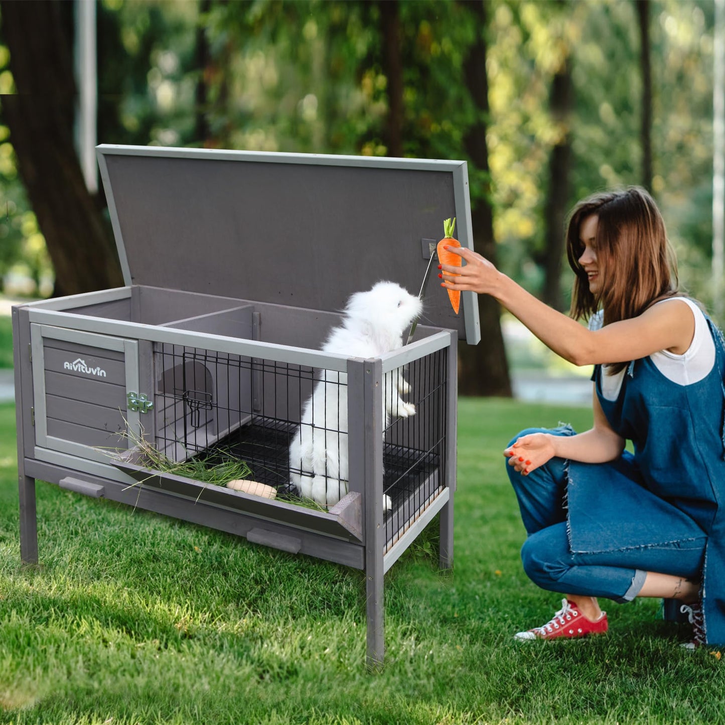 Rabbit Hutch, Wooden Bunny Cages Indoor with Deeper Leakproof Tray - Upgrade with Metal Wire Pan (Grey, Rabbit Hutch #001-B) Large - WoodArtSupply