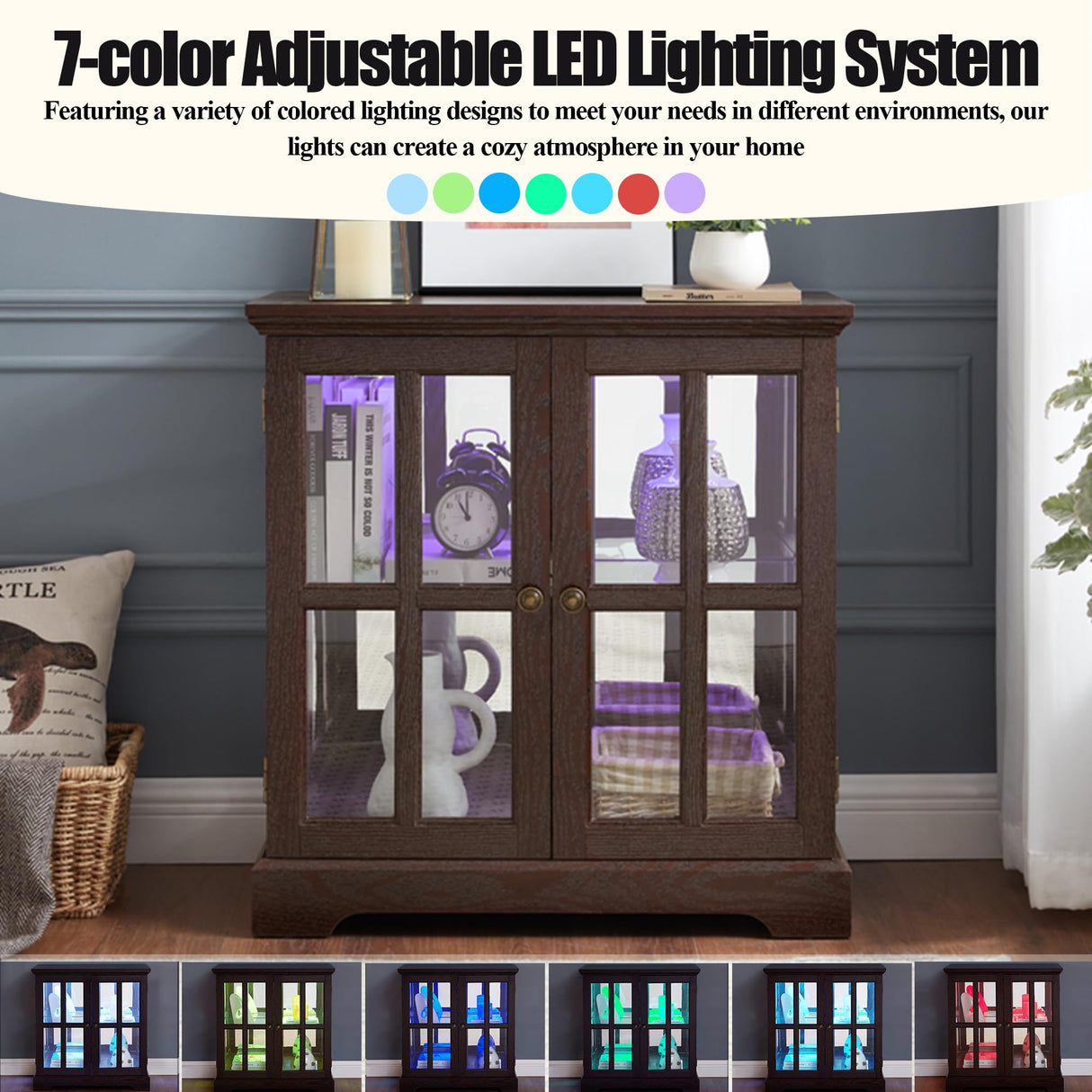 lunhung 2 Door Curio Display Cabinet with LED Light & Adjustable Shelves, 30" Tableware Display Sideboard w/Mirrored Back Pane, Modern Glass Display Storage Cabinet for Kitchen & Living Room (Cherry) lunhung