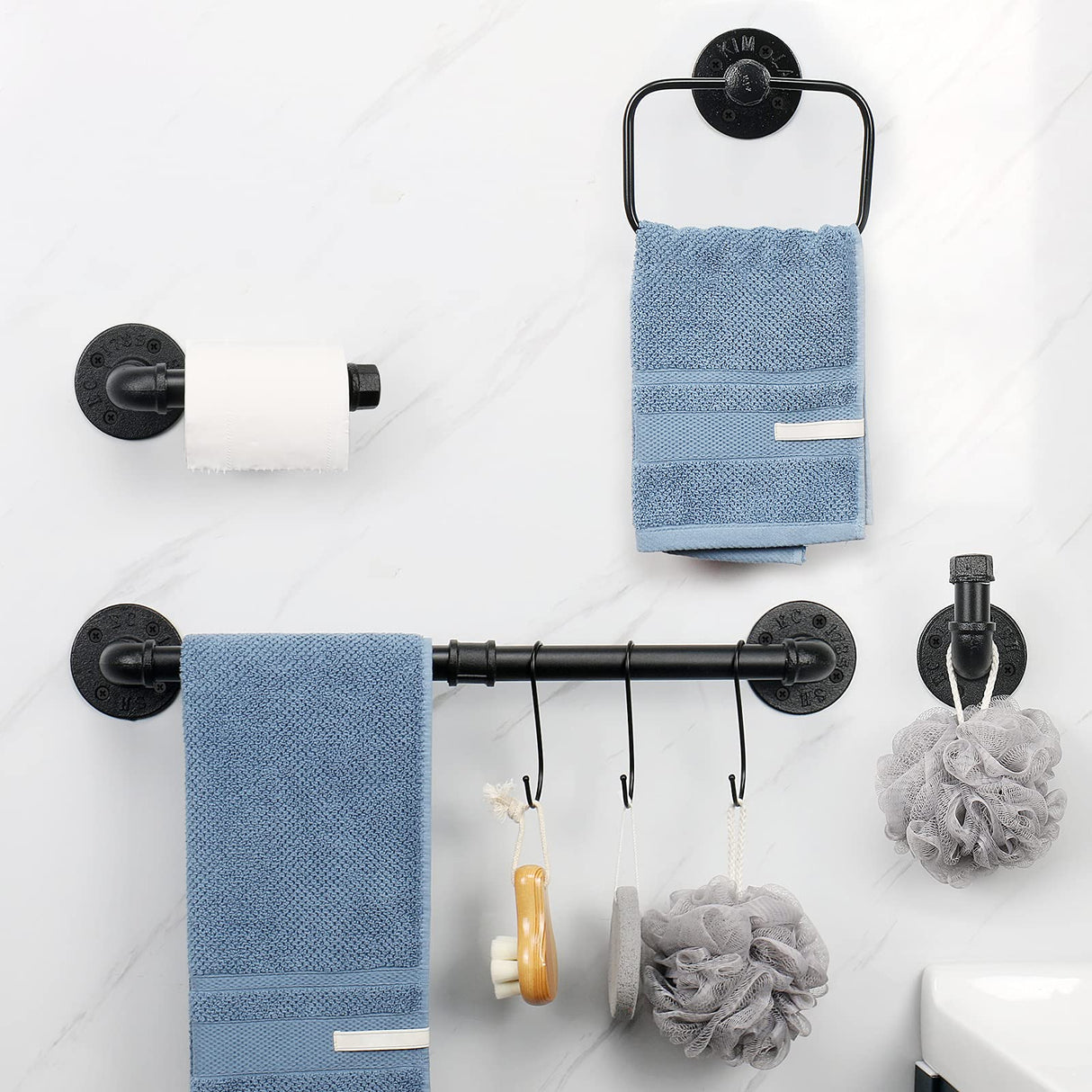 Jeasor 4-Pieces Industrial Pipe Bathroom Towel Ring Kit DIY Wall Mount Accessories Kit Includes Robe Hook Towel Bar and Towel Ring (18 inch) Jeasor