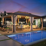 MELLCOM 14' x 20' Hardtop Gazebo,Galvanized Steel Metal Double Roof Aluminum Gazebo with Curtain and Netting,Brown Permanent Pavilion Gazebo with Aluminum Frame for Patios,Gardens,Lawns MELLCOM