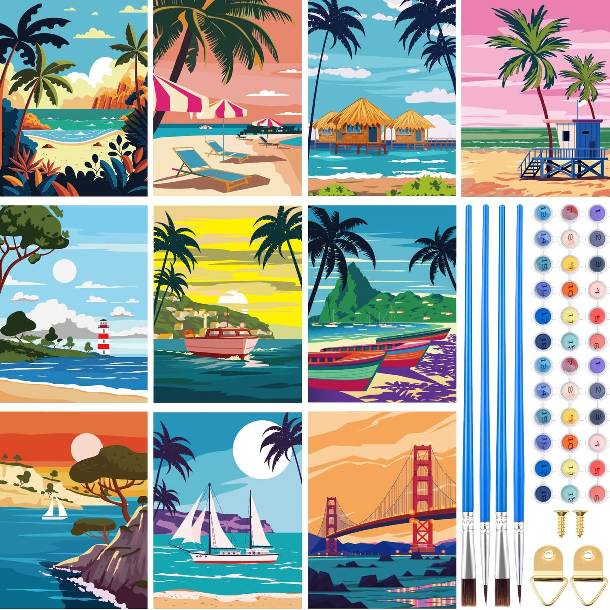 Gueevin 10 Pack Paint by Number DIY for Adults Paint by Numbers Acrylic Painting Kits Canvas, Without Frame, Simple Oil Painting for Spring Summer Gift Wall Decor 12 x 16 inch(Beach Style) Gueevin