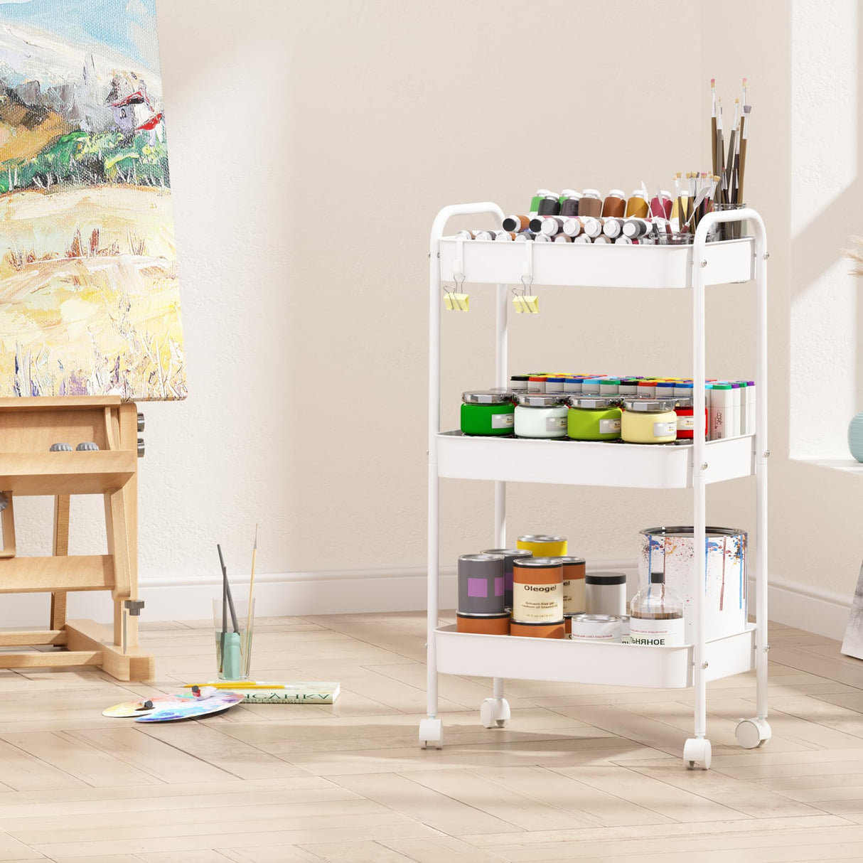 Vtopmart 3 Tier Metal Rolling Cart, Utility Rolling Carts with Wheels, Handle and Lockable Casters, Storage Trolley with Hooks, Easy Assemble for Kitchen, Living Room, Office, Nursery, Garage (White) Vtopmart