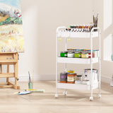 Vtopmart 3 Tier Metal Rolling Cart, Utility Rolling Carts with Wheels, Handle and Lockable Casters, Storage Trolley with Hooks, Easy Assemble for Kitchen, Living Room, Office, Nursery, Garage (White) Vtopmart
