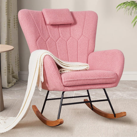 VECELO Rocking Chair Nursery with Thick Headrest, Modern Teddy Upholstered Reading Glider Rocker Accent Armchair with High Backrest, Padded Seat, Side Pocket, for LivingRoom, Baby Room, Soft Pink VECELO