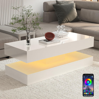 Uspeedy 47.3IN High Glossy LED Coffee Table,APP LED Lights,Black/White, Modern Furniture for Living Room (White)
