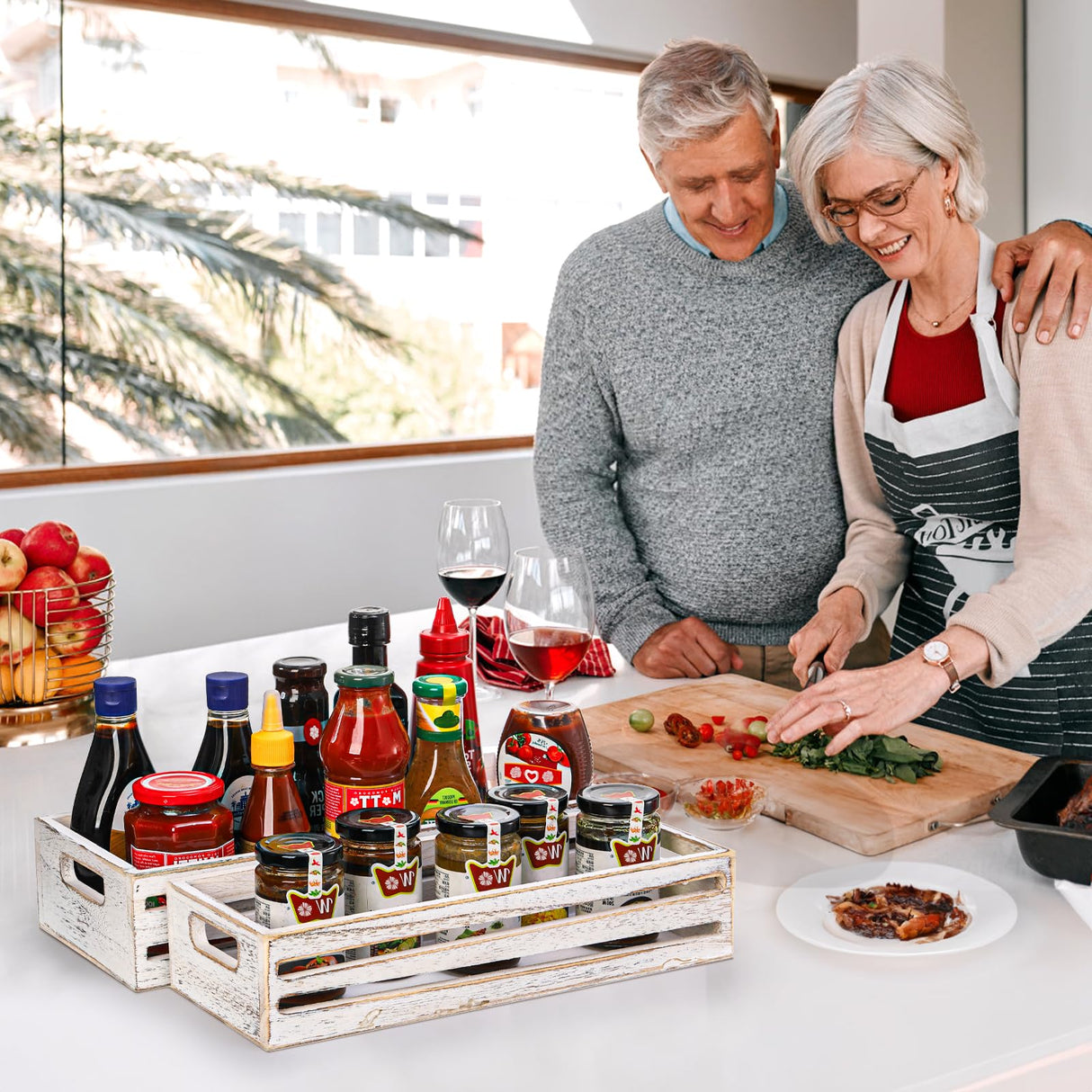 Noamus 2 Pack Bathroom Decor Box, Wooden Toilet Paper Holder, White Toilet Storage Basket, Toilet Tissue Tray with Handles for Home Decor, Farmhouse Tank Topper, Bathroom Kitchen Counter(2 Size) Noamus