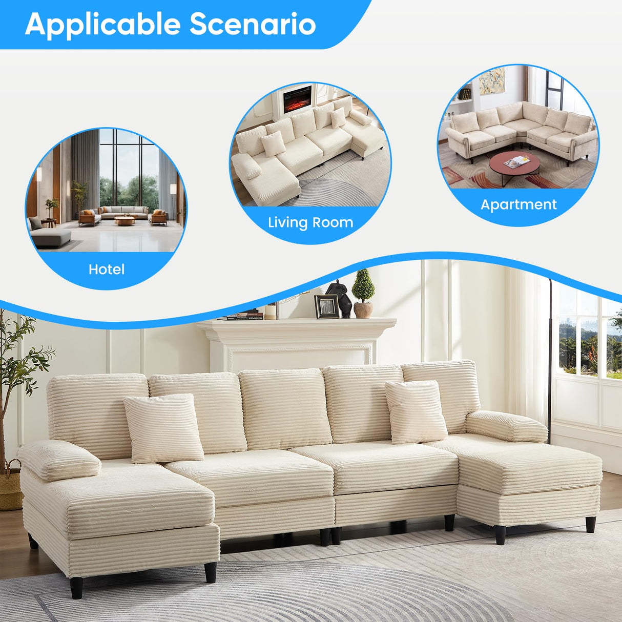 Mjkone 4 Seater Sectional Sofa Couches for Living Room Sets Furniture, 112" Width U-Shaped Corduroy Living Sofa Set with Double Chaises, Sleeper Couch Set with Pillows for Home, Loft, Apartment, Beige Mjkone