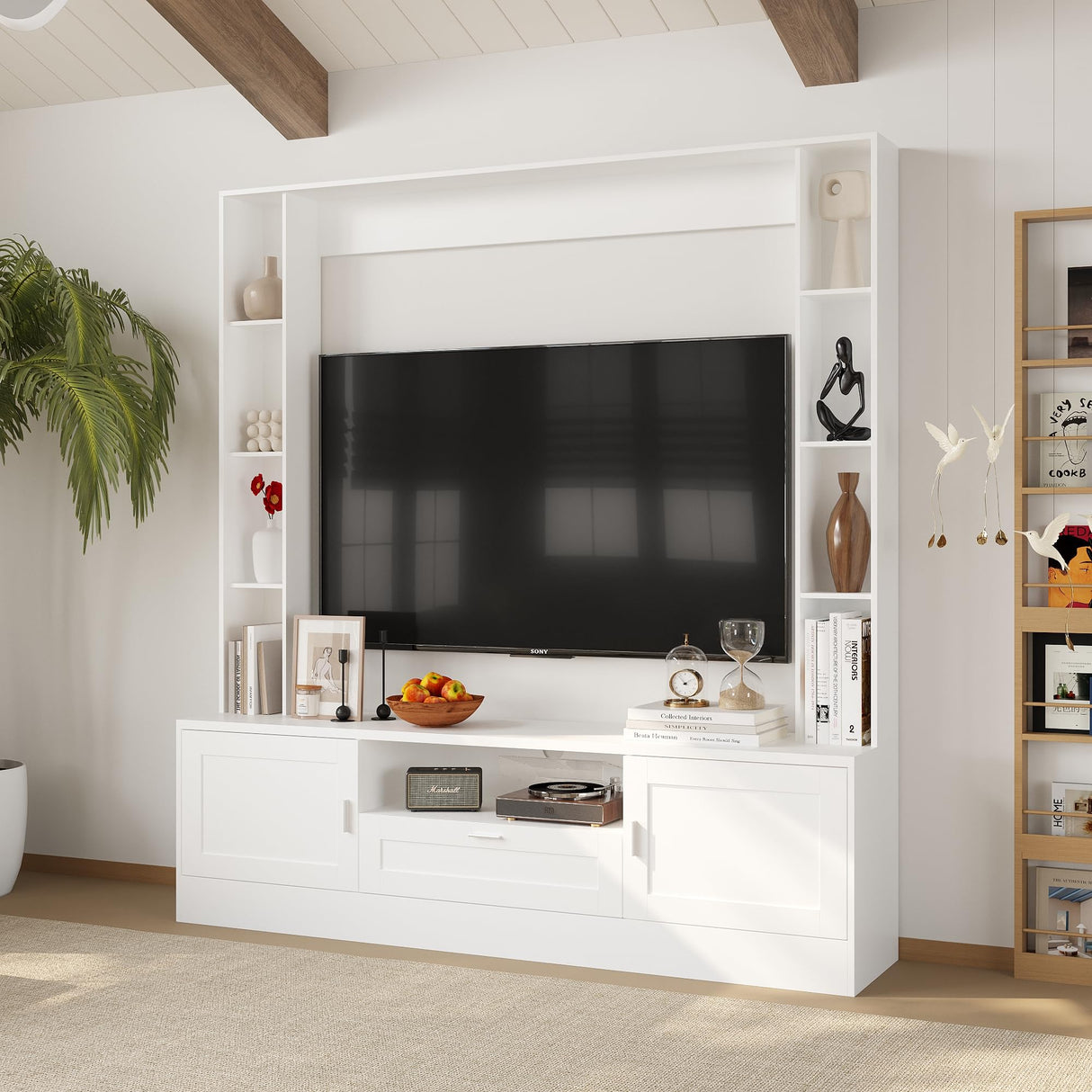 ROMSHINE 70.9" W Wall Unit TV Stand with Storage Shelf, Modern TV Console with 4-Tiers Shelf Bookcase, Entertainment Center with Drawers and Rack for Living Room, White ROMSHINE