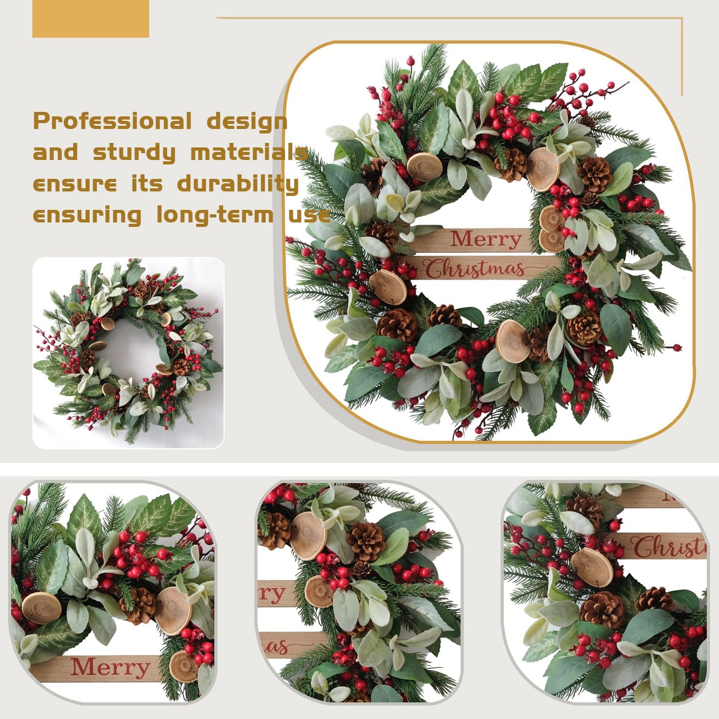 Bibelot 24 Inch Artificial Christmas Wreath with Lamb Leaves,Pine Cones and Red Berries,Winter Spring Front Door Wreath, Xms Decorations Natural Wreath for Indoor Outdoor Farmhouse Home Decor