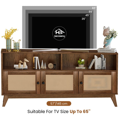 AWQM TV Stand for Living Room, Mid Century Modern TV Console, Rattan Entertainment Center with Storage and Open Shelves, Walnut - WoodArtSupply