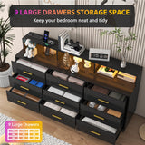knoworld Black 9 Drawer Dressers for Bedroom, Modern Large Dresser with LED Light and Power Outlet, Wooden Long Dresser, Triple Dresser for Bedroom, Living Room, Entryway, Hallway knoworld