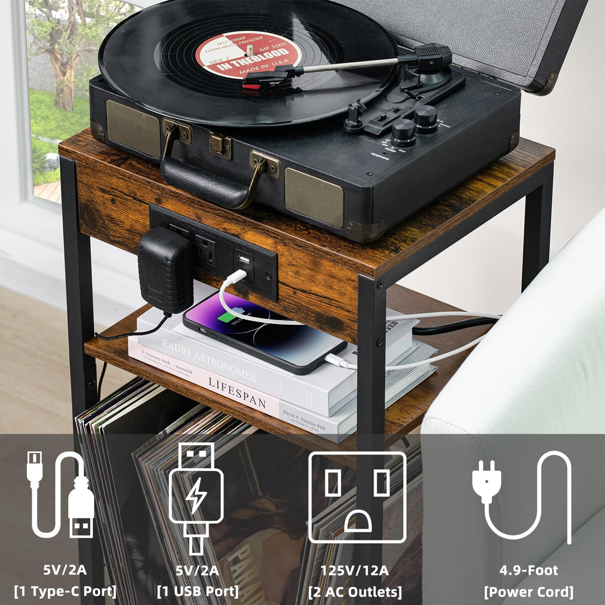 LELELINKY Brown Record Player Stand with LED Light & Charging Station LELELINKY
