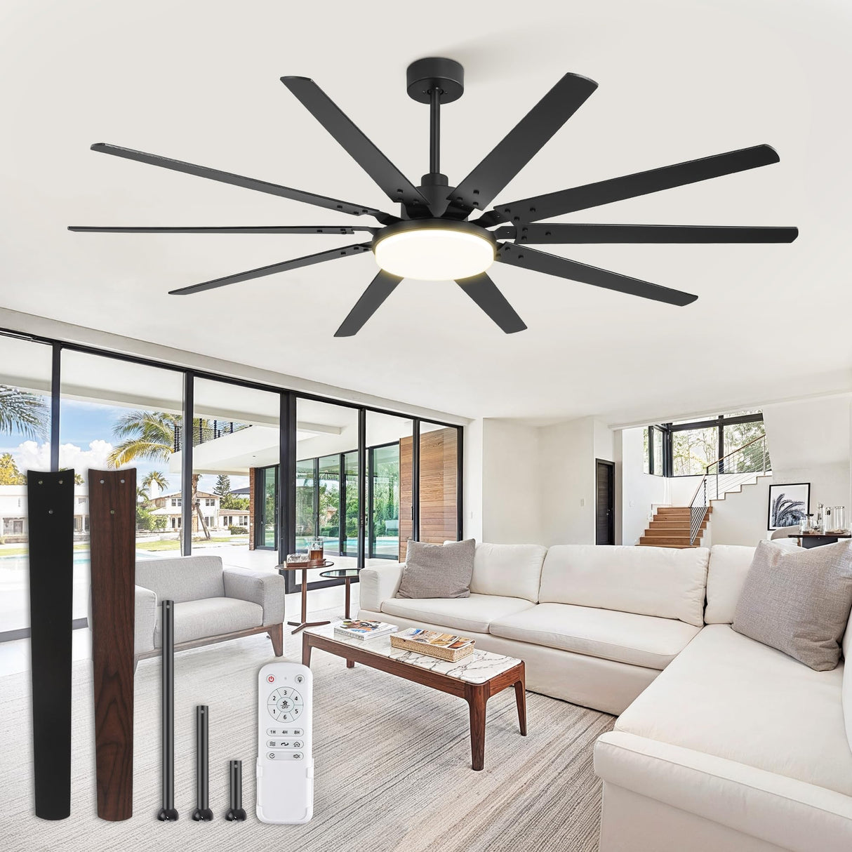 72 inch Large Ceiling Fans with Lights and Remote, Outdoor Black Ceiling Fan with 10 Blades, 32W LED Light 3 CCT, 6 Speed Reversible Quiet DC Motor, Modern Ceiling Fan for Living Room Patio Fanbulous