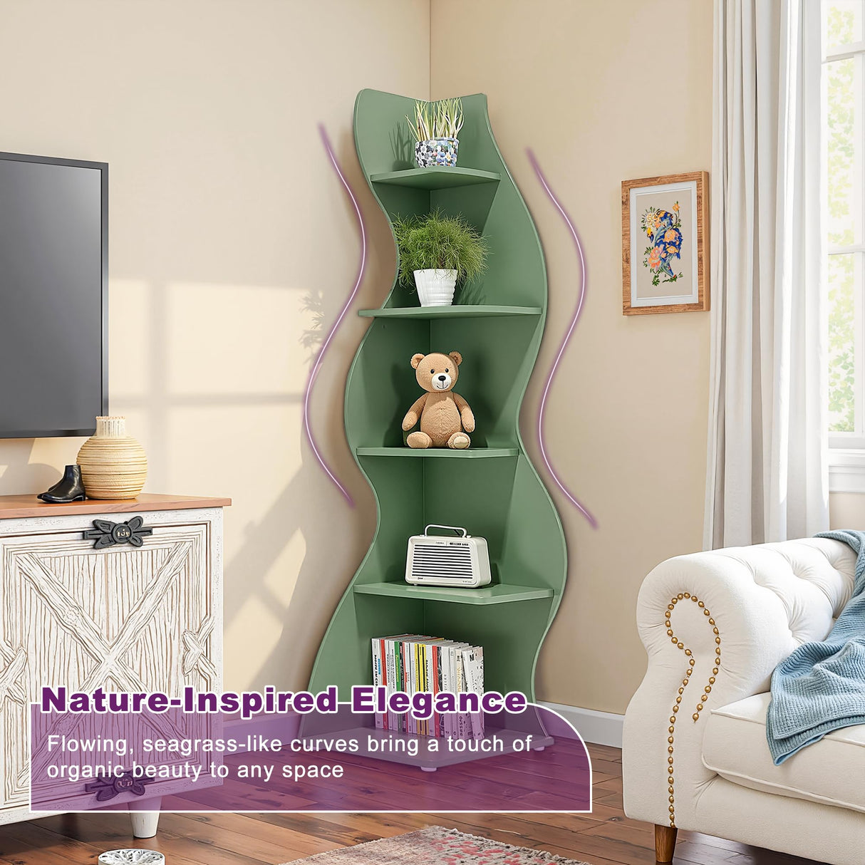 HIGREENA Corner Shelf, 5-Tier Corner Wall Shelf, Modern Corner Shelves Stand Bookcase, Small Display Storage for Living Room, Green HIGREENA
