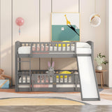 Low Bunk Bed with Slide Twin Over Twin Bunk Beds for Kids Toddlers, Wood Floor Beds Frame with Rails for Boys Girls Teens, Gray Bellemave