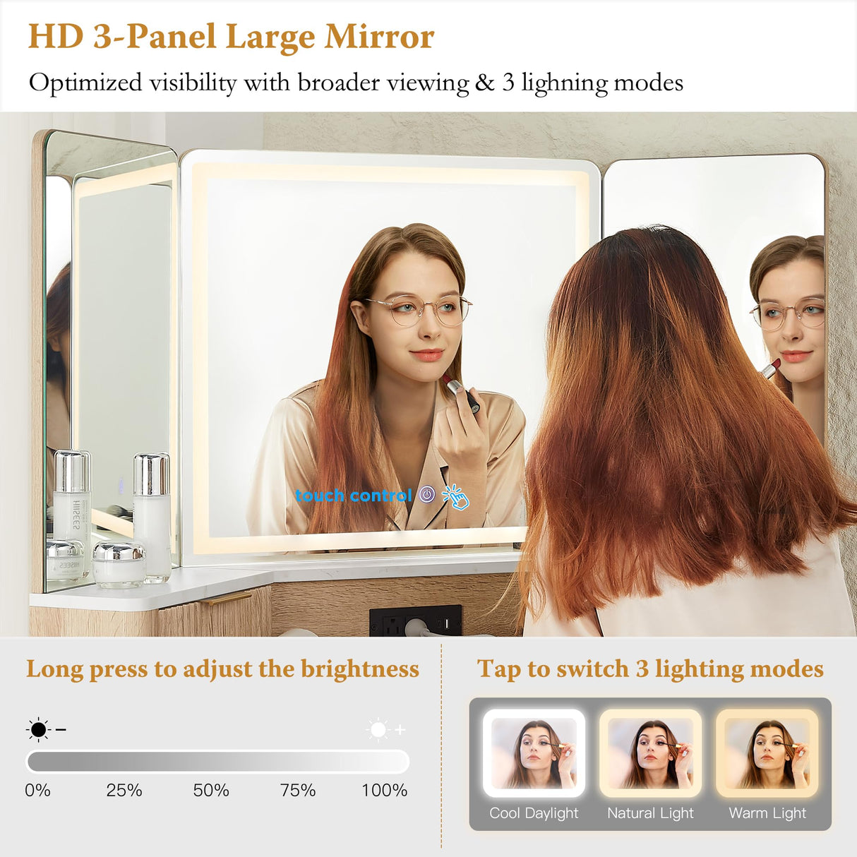 T4TREAM 48'' Fluted Makeup Vanity Desk with HD Triple Mirror and Lights, Large Lighted Corner Vanity with Glass Top, Modern Dressing Table with 3 Drawers & 2 Cabinets for Bedroom, Natural Oak T4TREAM