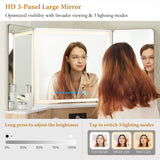 T4TREAM 48'' Fluted Makeup Vanity Desk with HD Triple Mirror and Lights, Large Lighted Corner Vanity with Glass Top, Modern Dressing Table with 3 Drawers & 2 Cabinets for Bedroom, Natural Oak T4TREAM