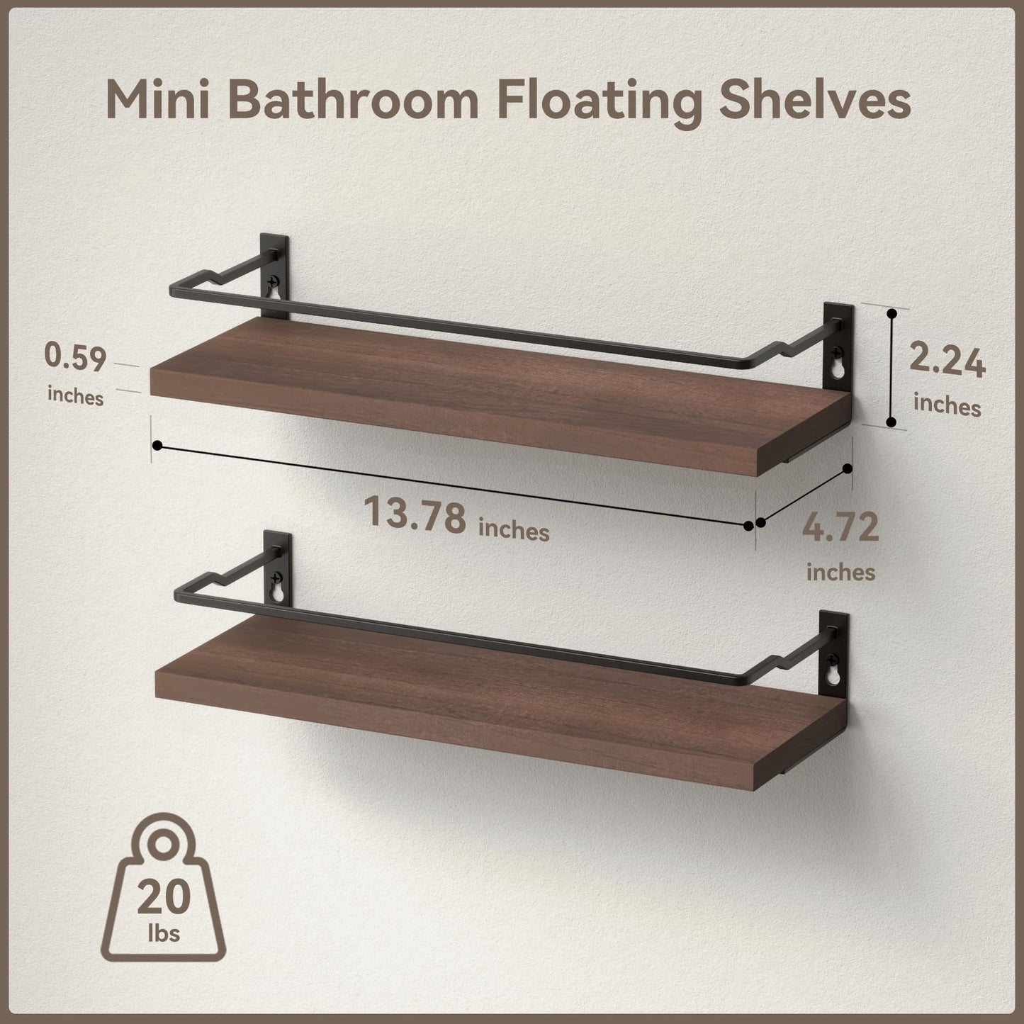 RICHER HOUSE Floating Bathroom Shelves, Small Wall Shelf for Bathroom Decor, Rustic Wall Mounted Wood Shelves Set of 2, Bathroom Wall Organizer Over Toilet Storage, Kitchen Shelf - Rustic Brown