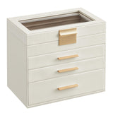 SONGMICS Jewelry Box Organizer with Glass Lid, 4-Layer Jewelry Storage, with 3 Drawers, Modern Style, 6 x 9.9 x 8.5 Inches, Cloud White and Gold Color UJBC161W01 SONGMICS